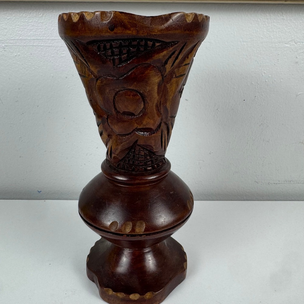 Vtg Hand Carved Wood Vase Floral Carved Wooden Vessel Folk Art Decor 8.5"